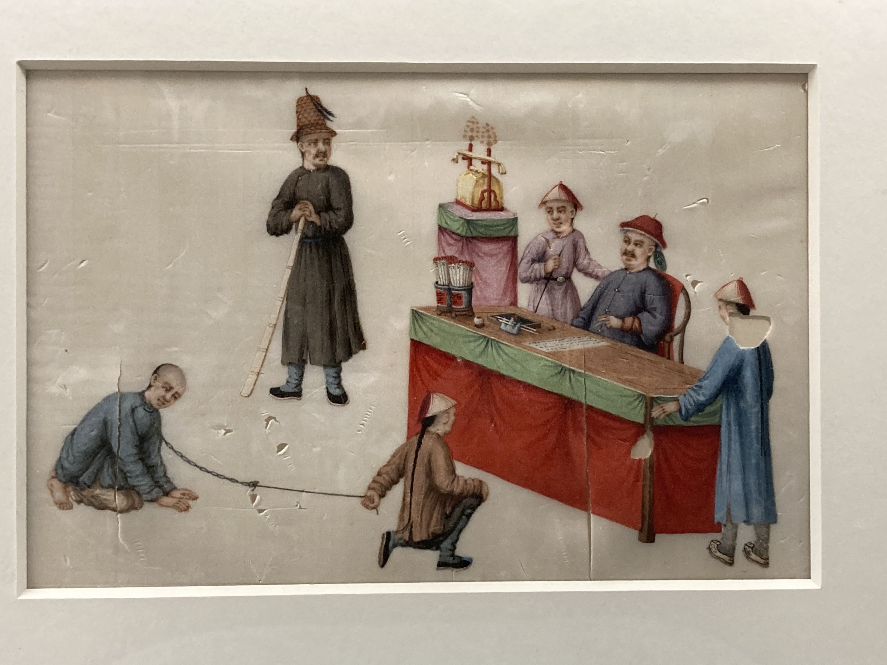 Chinese School c.1900, four gouache on pith paper, Execution and torture scenes, 15 x 22cm